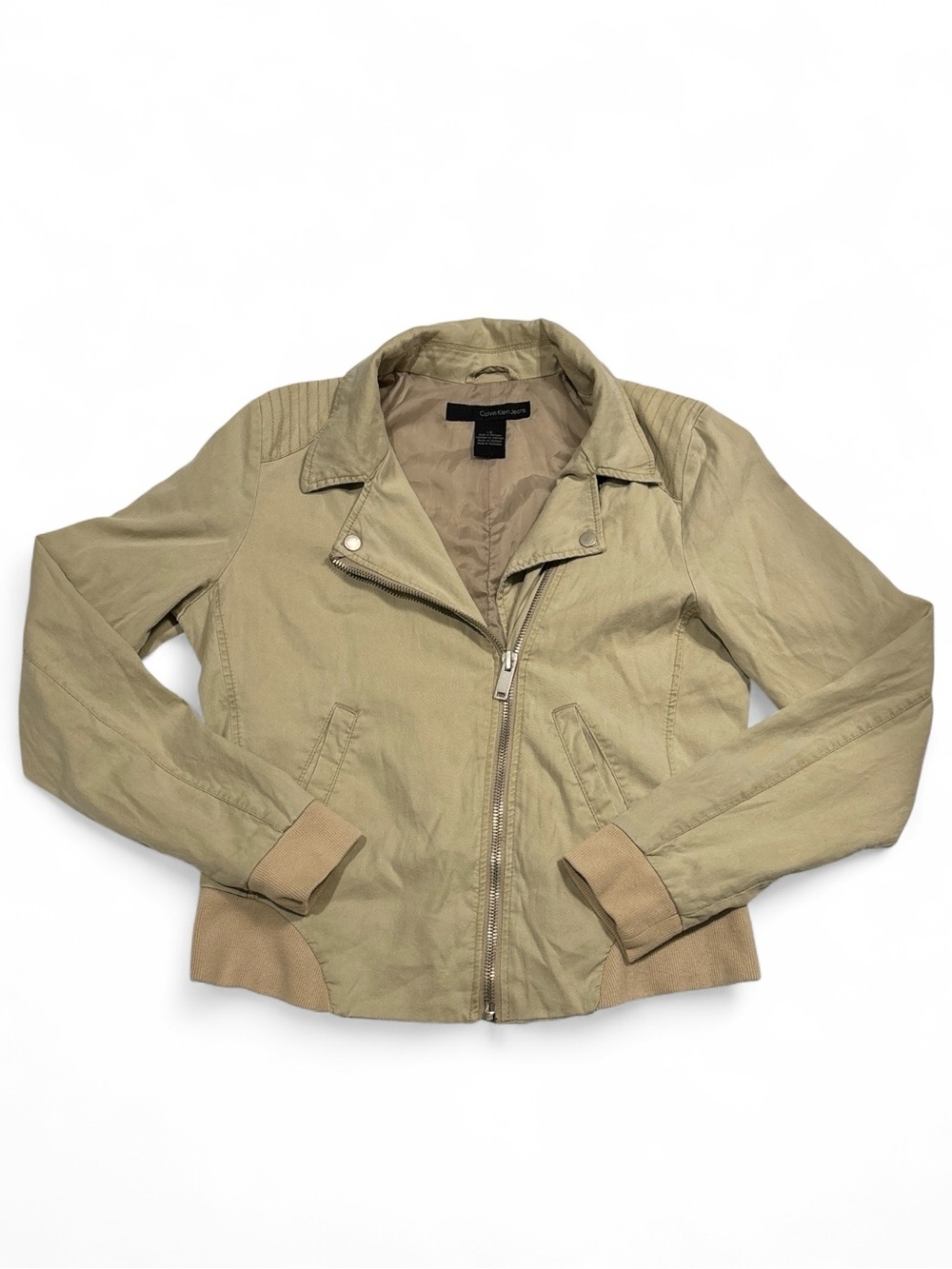Calvin Klein Jeans Tan Asymmetric Moto Bomber Jacket - Women's Large